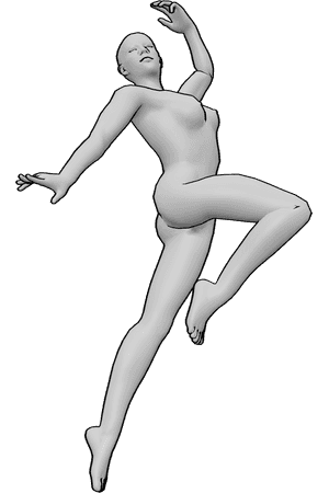 Referencia de poses- Figura femenina bailando pose de boceto - Mujer musculosa baila, salta y levanta la mano izquierda
