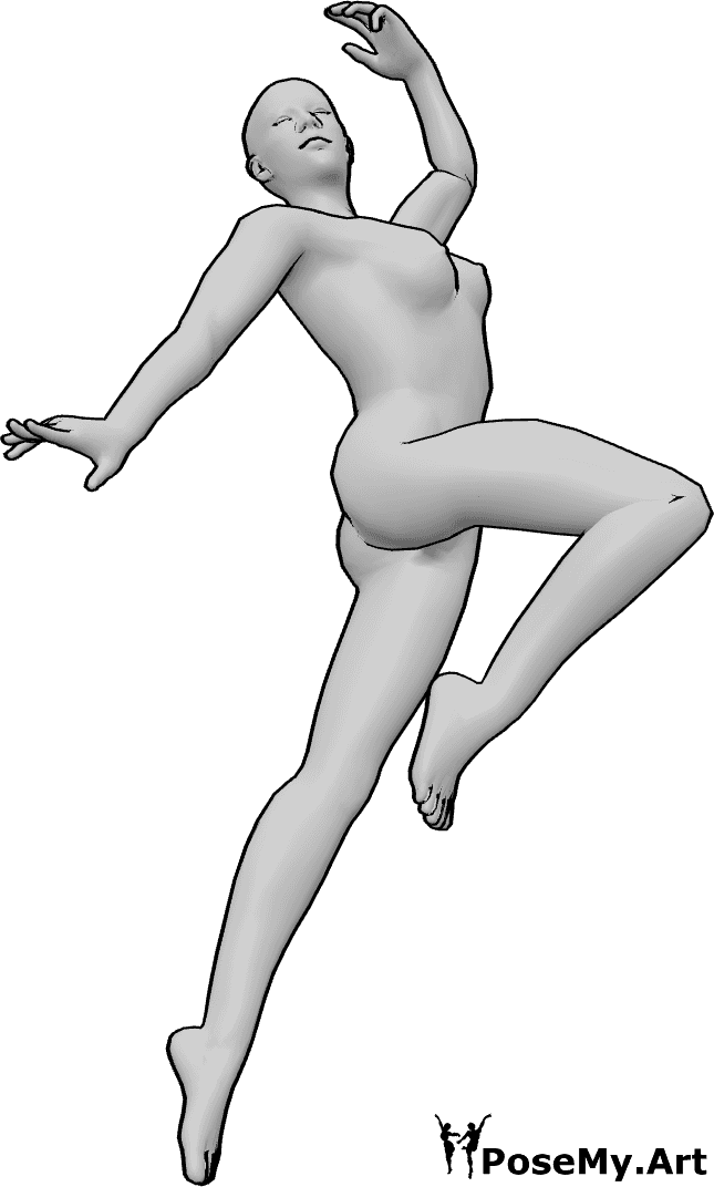 Pose Reference- Dancing female figure sketch pose - Muscular female is dancing, jumping and raising her left hand