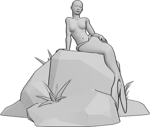 Referencia de poses- Figura de sirena pose de boceto - La sirena está sentada en las rocas, apoyada en su mano derecha