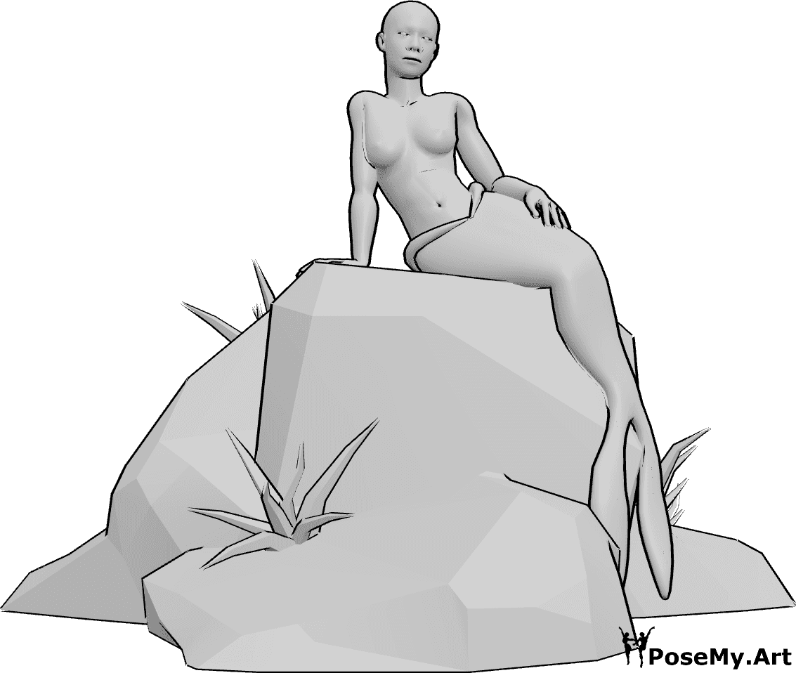 Referencia de poses- Figura de sirena pose de boceto - La sirena está sentada en las rocas, apoyada en su mano derecha