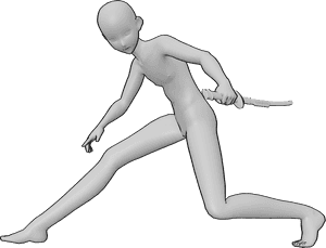Referencia de poses- Anime figura masculina boceto pose - Anime masculino está de pie en posición de ataque, sosteniendo una katana en su mano izquierda
