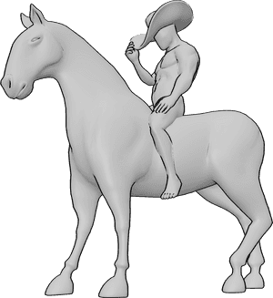 Referencia de poses- Postura de boceto de figura de vaquero - Un vaquero monta a caballo y se ajusta el sombrero con la mano derecha.