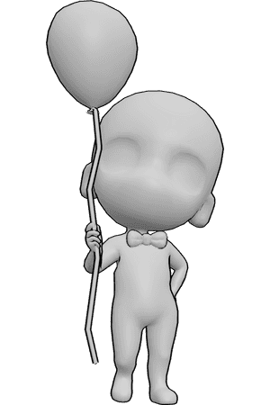 Referencia de poses- Postura de boceto de figura chibi - Simpático chibi masculino de pie, con un globo en la mano derecha y un pequeño lazo.