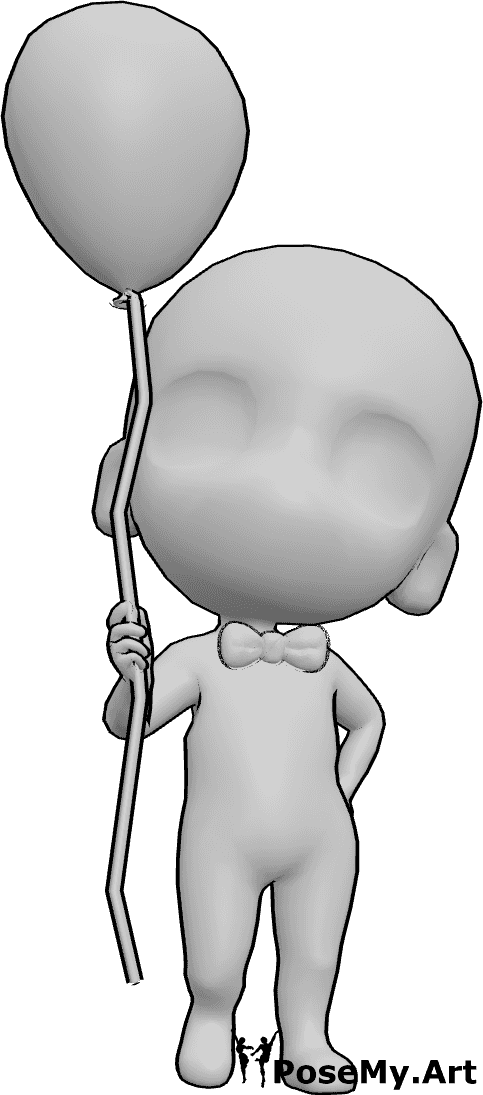 Pose Reference- Chibi figure sketch pose - Cute chibi male is standing, holding a baloon in his right hand, wearing a small bow