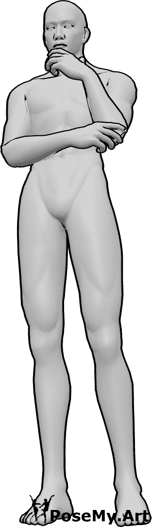 Pose Reference- Male holding chin thinking pose - Male is standing casually, holding his chin with his left hand