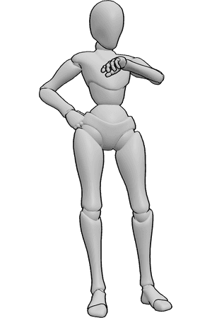 Référence des poses- Femme debout en attente - Femme debout, attendant, regardant l'heure sur sa montre, la main droite sur la hanche.