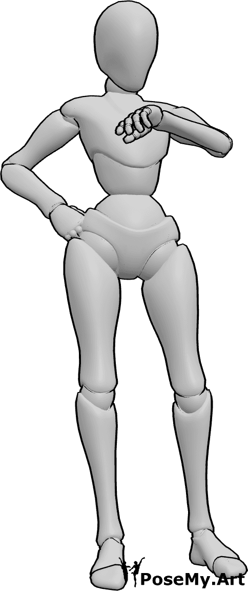 Pose Reference- Standing waiting female pose - Female is standing and waiting, looking at the time on her watch, her right hand is on her hip