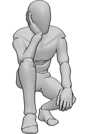 Référence des poses- Homme accroupi en attente - L'homme est accroupi et attend, pose d'attente masculine ennuyeuse.