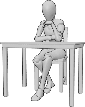 Référence des poses- Femme assise en attente - La femme est assise sur la chaise de la table et attend quelque chose.