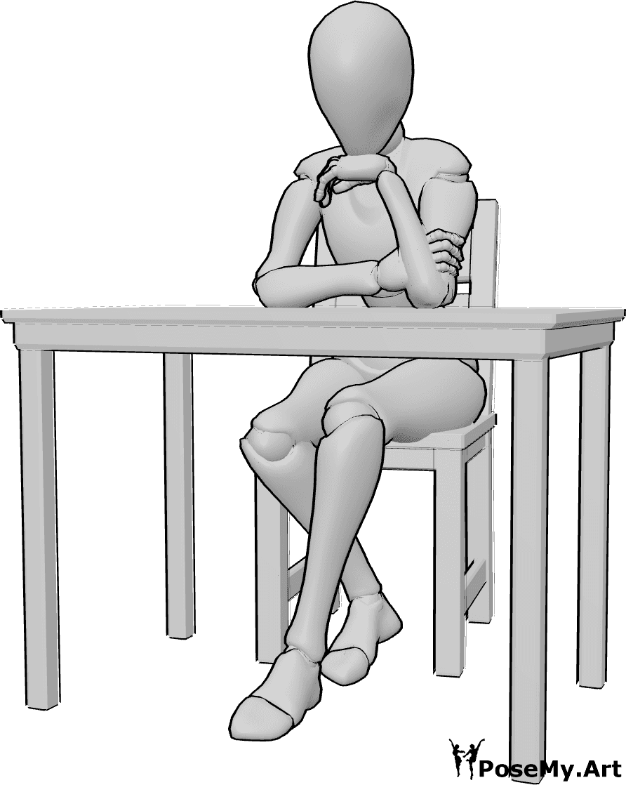 Referencia de poses- Postura de mujer sentada esperando - La mujer está sentada en la silla de la mesa, esperando algo