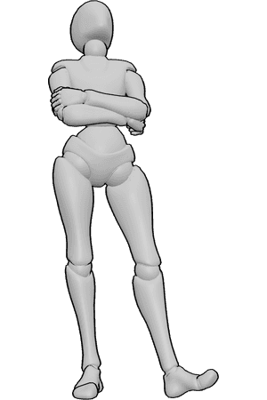 Référence des poses- Pose d'attente d'une femme qui s'ennuie - La femme est debout, les bras croisés, elle regarde en l'air, elle attend quelque chose.