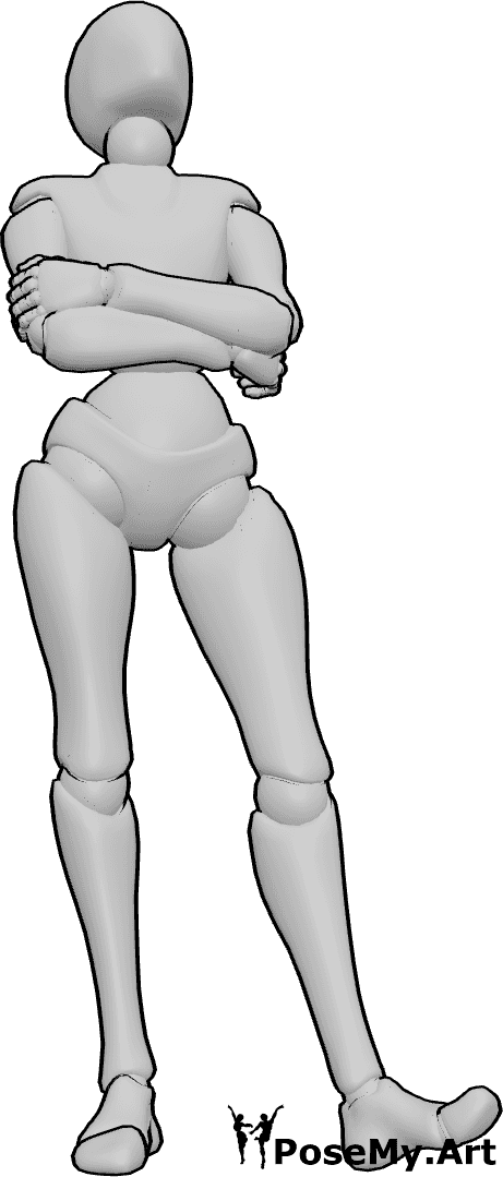 Pose Reference- Bored female waiting pose - Female is standing, her arms are crossed, she is looking up, waiting for something