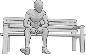 Référence des poses- Posture d'attente assise sur un banc - L'homme est assis sur le banc, il attend quelque chose, il regarde vers le bas.