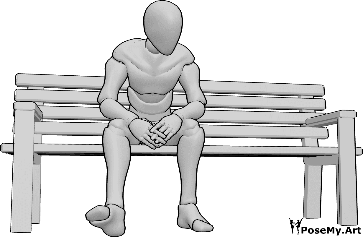 Pose Reference- Bench sitting waiting pose - Male is sitting on the bench, waiting for something, looking down
