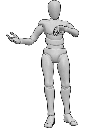 Référence des poses- Pose d'attente d'un homme en colère - L'homme en colère est debout, regarde l'heure sur sa montre et lève l'autre main.