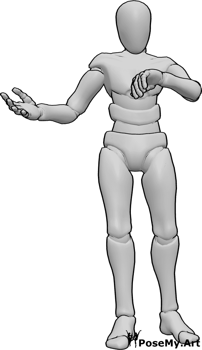 Referencia de poses- Hombre enfadado en pose de espera - Un hombre enfadado está de pie, mirando la hora en su reloj, levantando la otra mano