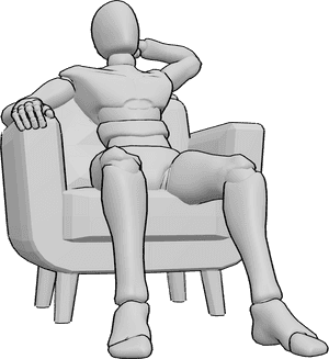 Référence des poses- Position d'attente assise et confortable - L'homme est assis confortablement dans le fauteuil et attend quelque chose.