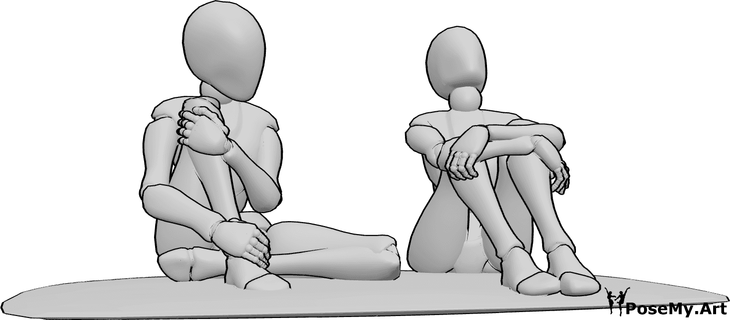 Referência de poses- Mulheres aborrecidas em pose de espera - As mulheres aborrecidas estão sentadas no chão, umas ao lado das outras, à espera