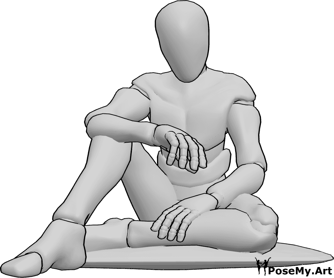 Referencia de poses- Hombre sentado en pose de espera - Varón sentado en el suelo sobre un cojín y esperando algo, mirando la hora en su reloj