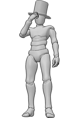 Pose Reference- Holding brim pose - Male is standing, holding the brim of his hat with his right hand