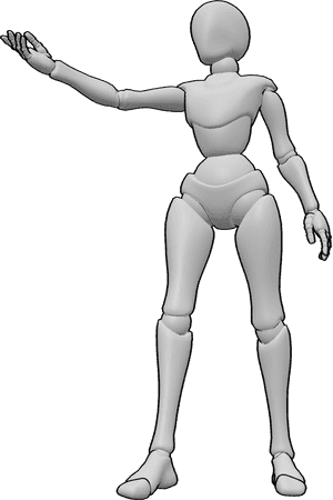 Pose Reference- Female reaching out pose - Female is standing and reaching out with her right hand