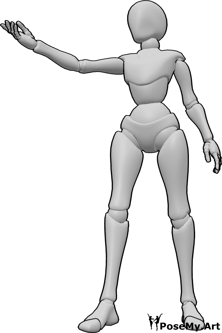 Pose Reference- Female reaching out pose - Female is standing and reaching out with her right hand
