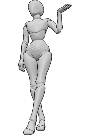 Pose Reference- Female I don't know pose - Female is standing with legs crossed, shrugging her left shoulder and raising her hand in an ‘I don’t know’ gesture
