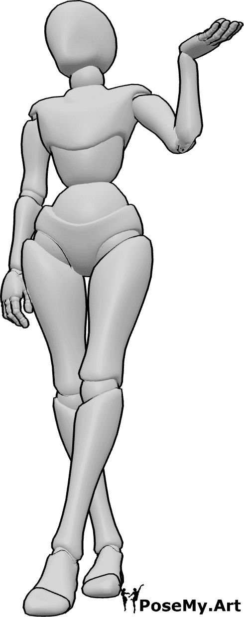 Pose Reference- Female I don't know pose - Female is standing with legs crossed, shrugging her left shoulder and raising her hand in an ‘I don’t know’ gesture