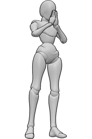 Pose Reference- Standing praying female pose - Female is standing, praying with her hands, looking slightly down