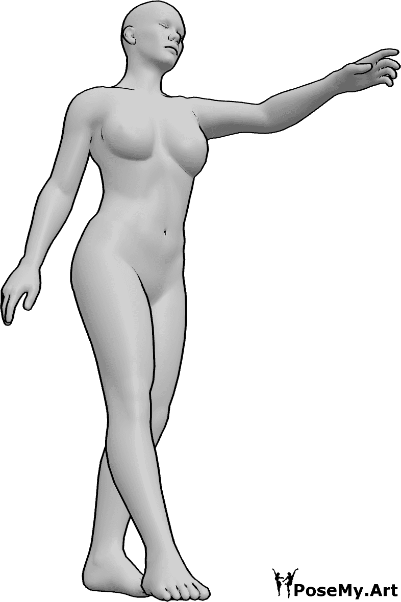 Pose Reference- Reaching forward pose - Female is extending one arm forward while leaning slightly toward the target