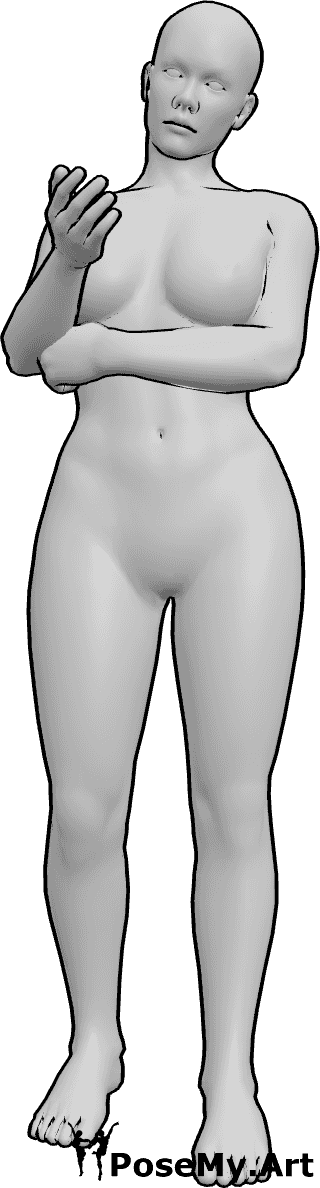 Pose Reference- Female curious look pose - Female is standing, tilting her head slightly while looking curious and gesturing with her hand