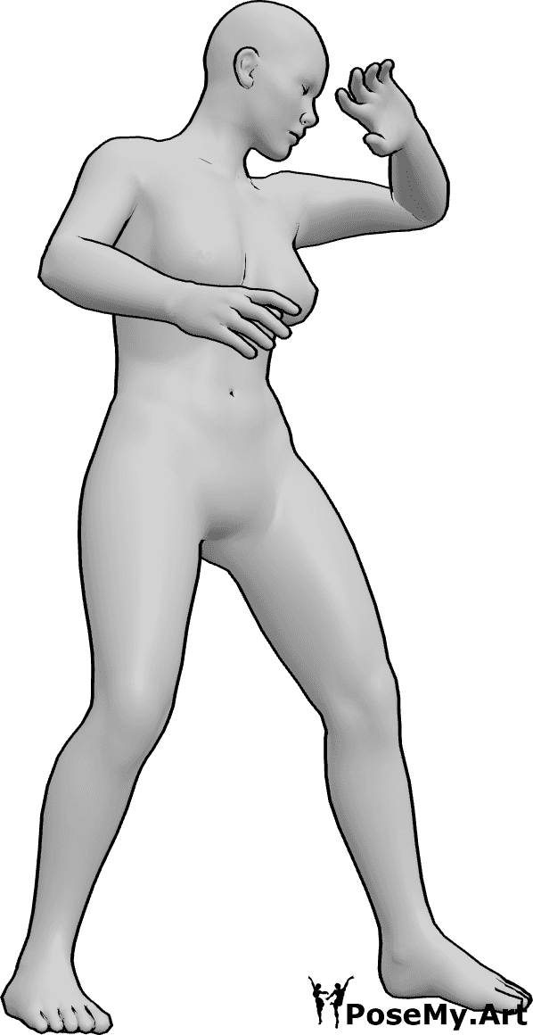 Pose Reference- Female defensive stance pose - Female bending knees slightly with arms raised in a guarded position