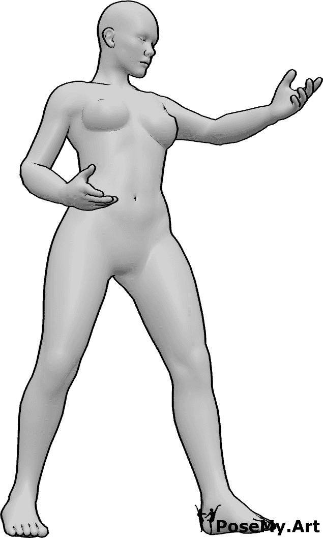Pose Reference- Casting magic pose - Female spreading fingers while extending one arm as if channeling energy