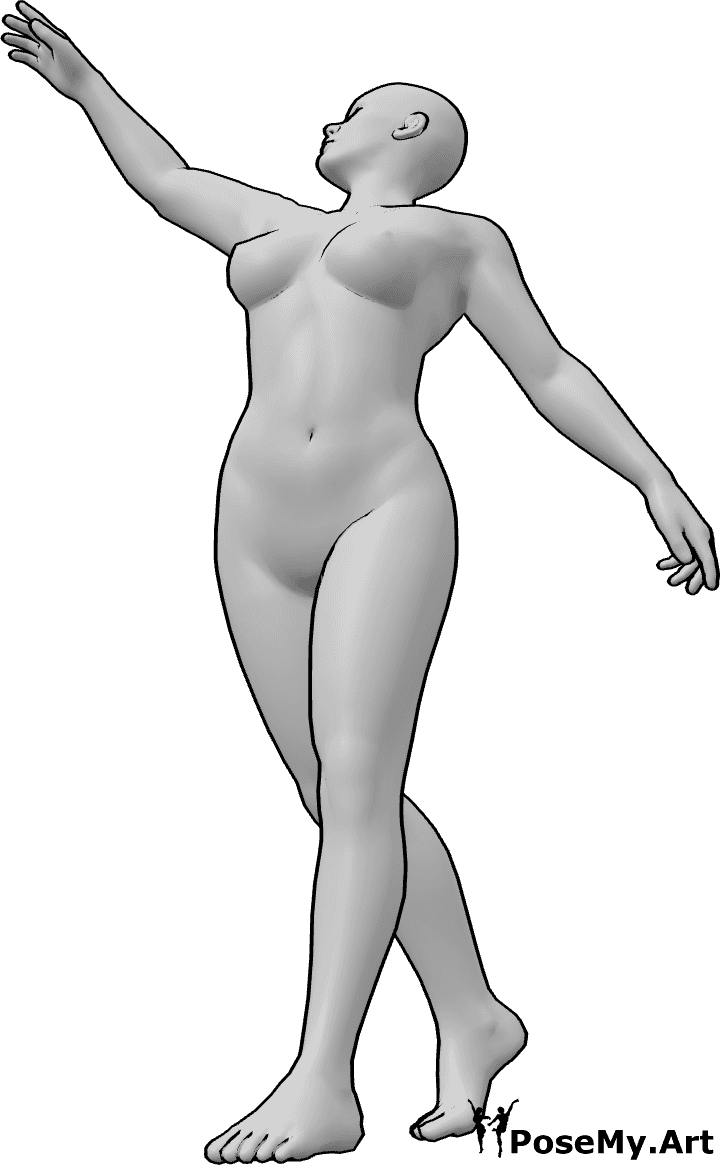Referência de poses- Pose de dança fluida feminina - Mulher a torcer o tronco com movimento suave do braço e calcanhar levantado