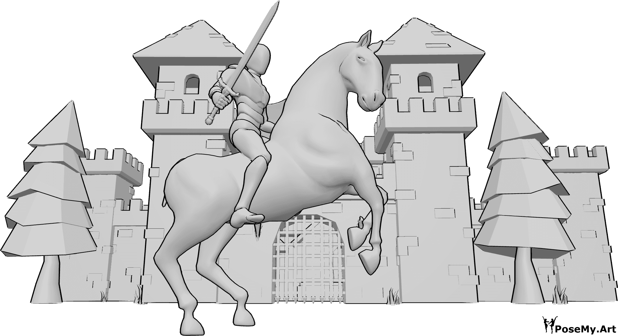 Pose Reference- Medieval castle horse scene - Male is rearing up on his horse, in front of the castle, male riding, holding a sword pose
