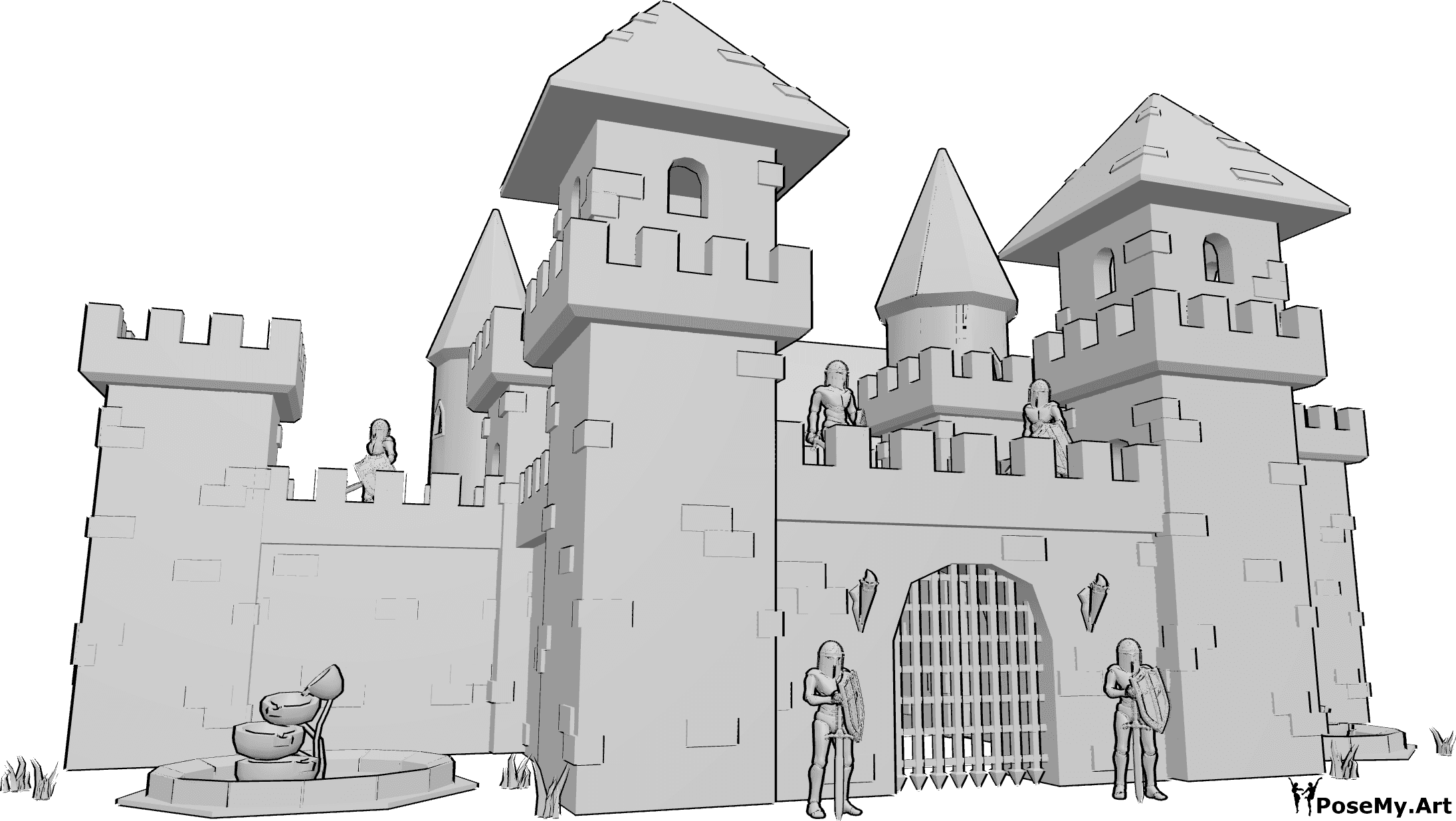 Référence des poses- Gardes sur les créneaux - Gardes masculins patrouillant dans les murs du château, scrutant l'horizon