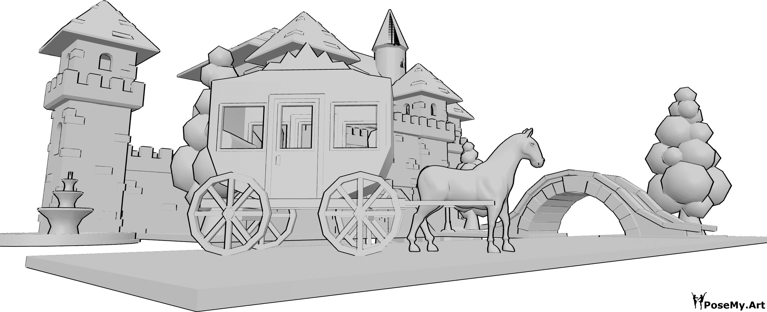 Pose Reference- Castle carriage scene - Horse-drawn carriage is standing in front of the castle
