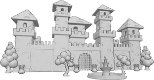 Pose Reference- Medieval castle fontain - Medieval castle with trees and a fountain in front of it