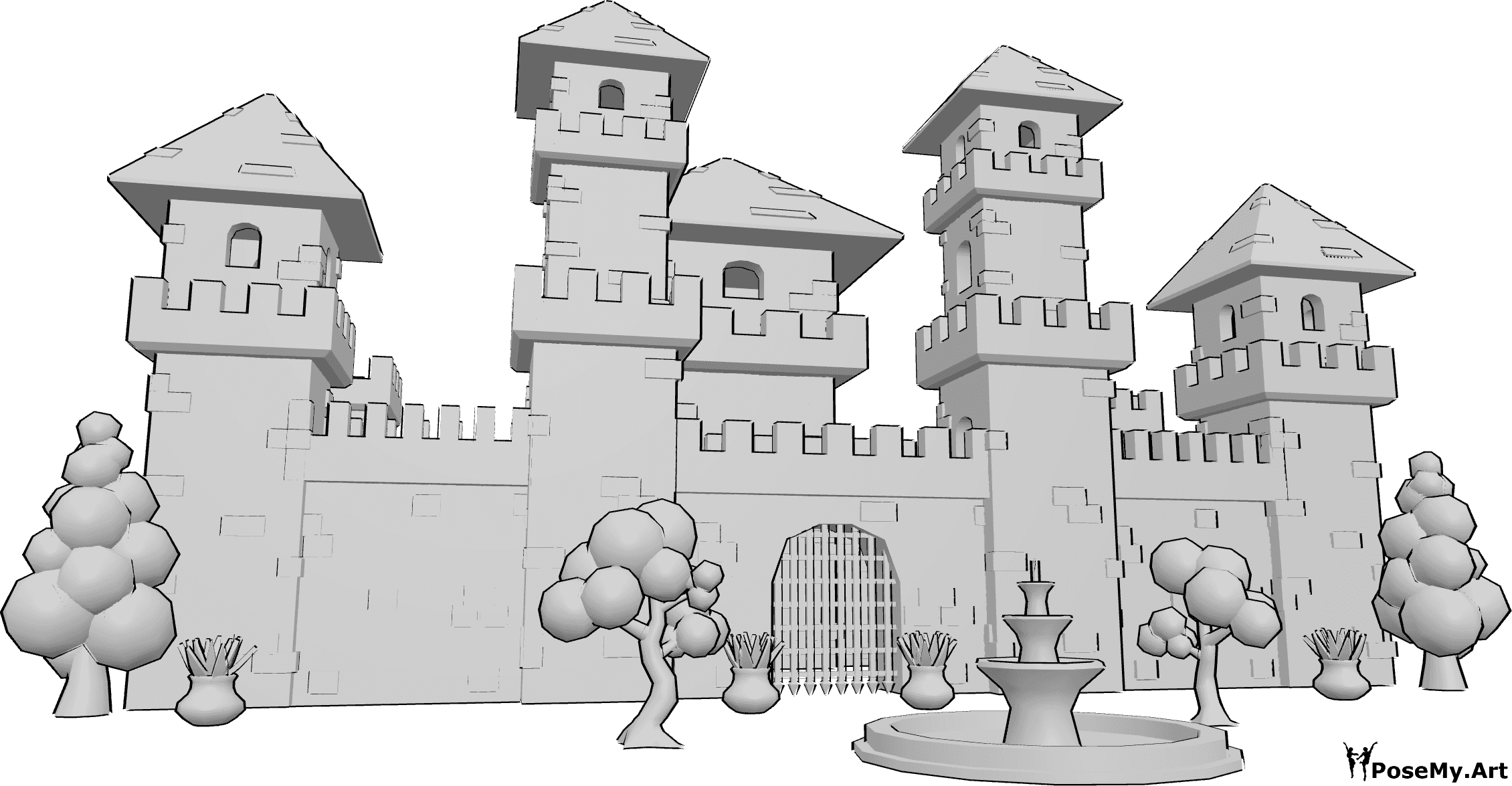 Pose Reference- Medieval castle fontain - Medieval castle with trees and a fountain in front of it
