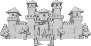 Pose Reference- Castle romantic scene - Romantic couple is standing, facing each other and holding hands in front of the castle