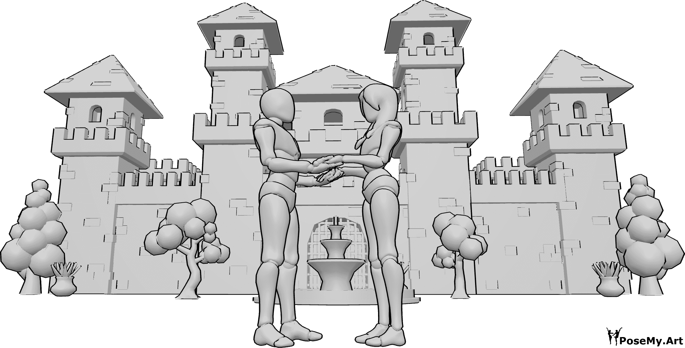 Référence des poses- Scène romantique au château - Un couple romantique se tient debout, face à face et se tient par la main devant le château.