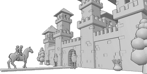 Pose Reference- Castle gate scene - Female and male are arriving at the castle gate, where two guards are standing