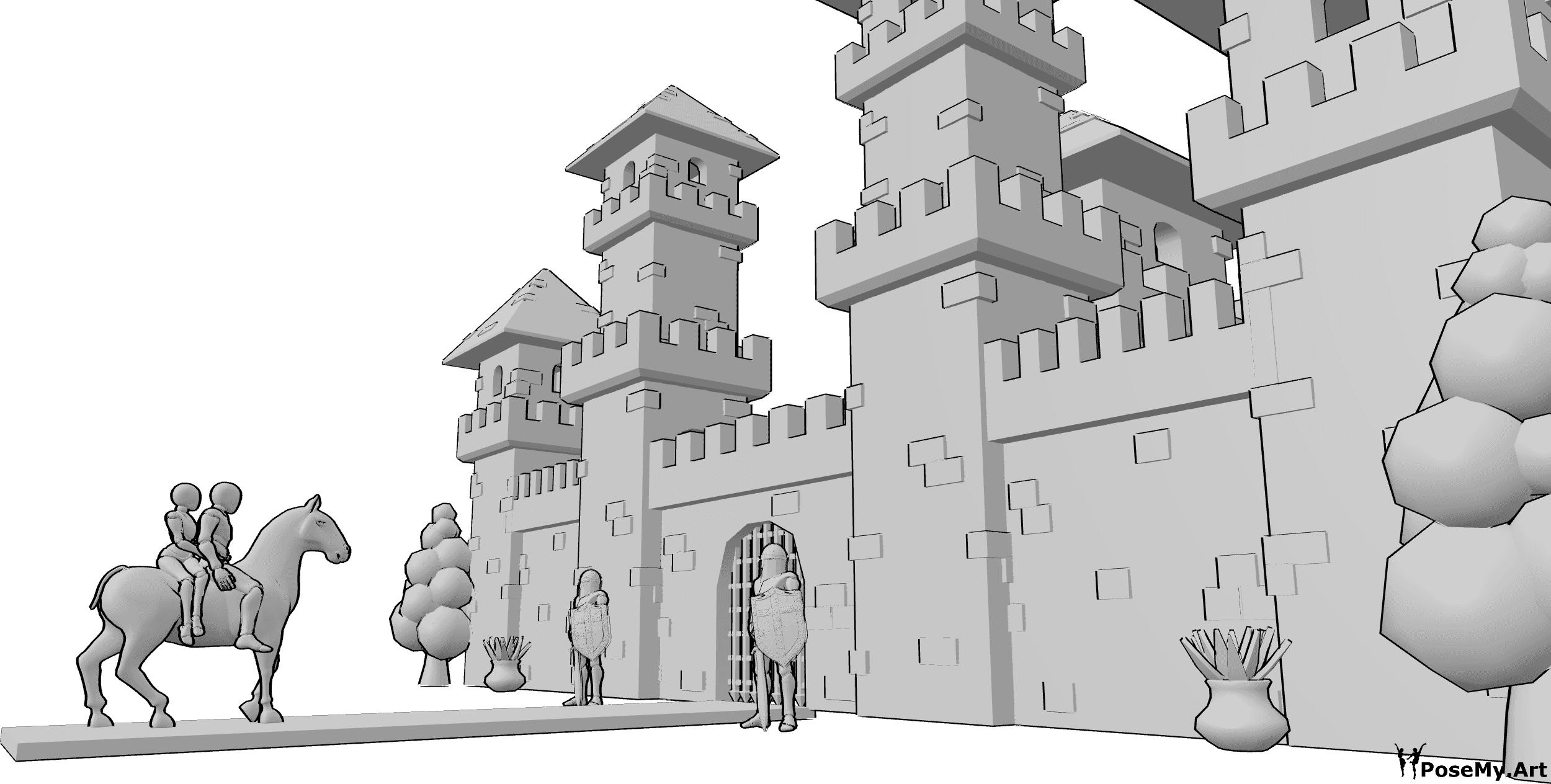 Pose Reference- Castle gate scene - Female and male are arriving at the castle gate, where two guards are standing