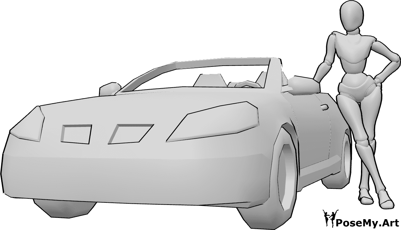 Pose Reference- Car female leaning pose - Female is standing next to the car, leaning against the door, standing confidently with her hand on her hip, cabrio drawing reference