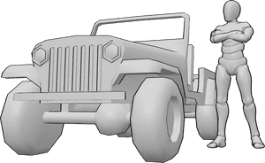 Pose Reference- Car confident male pose - Male is standing confidently besides the car with his arms crossed, low angle camera pose