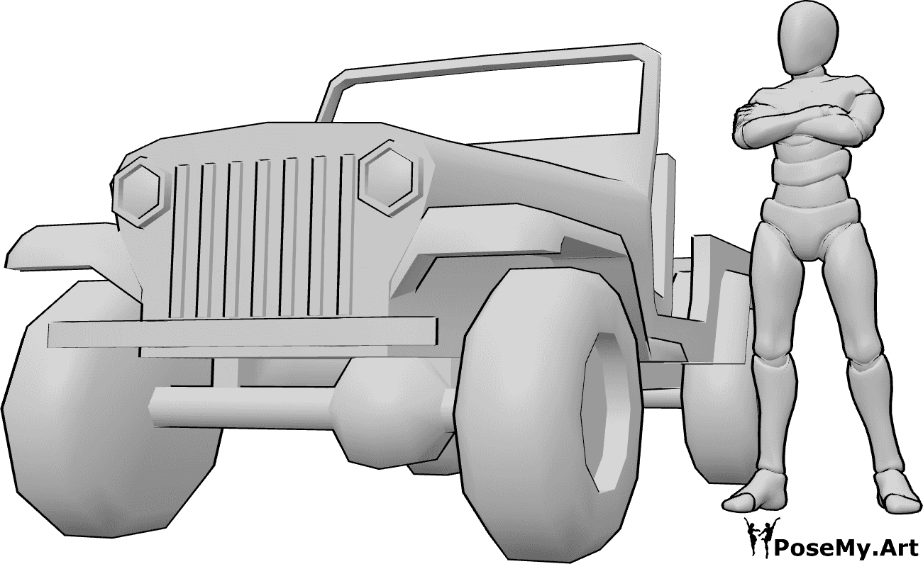Pose Reference- Car confident male pose - Male is standing confidently besides the car with his arms crossed, low angle camera pose