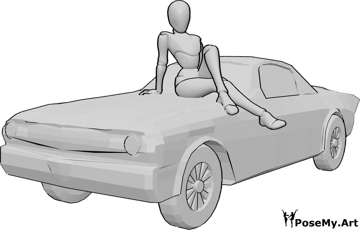 Pose Reference- Female car sitting pose - Female is sitting on top of the car and posing, mustang drawing reference
