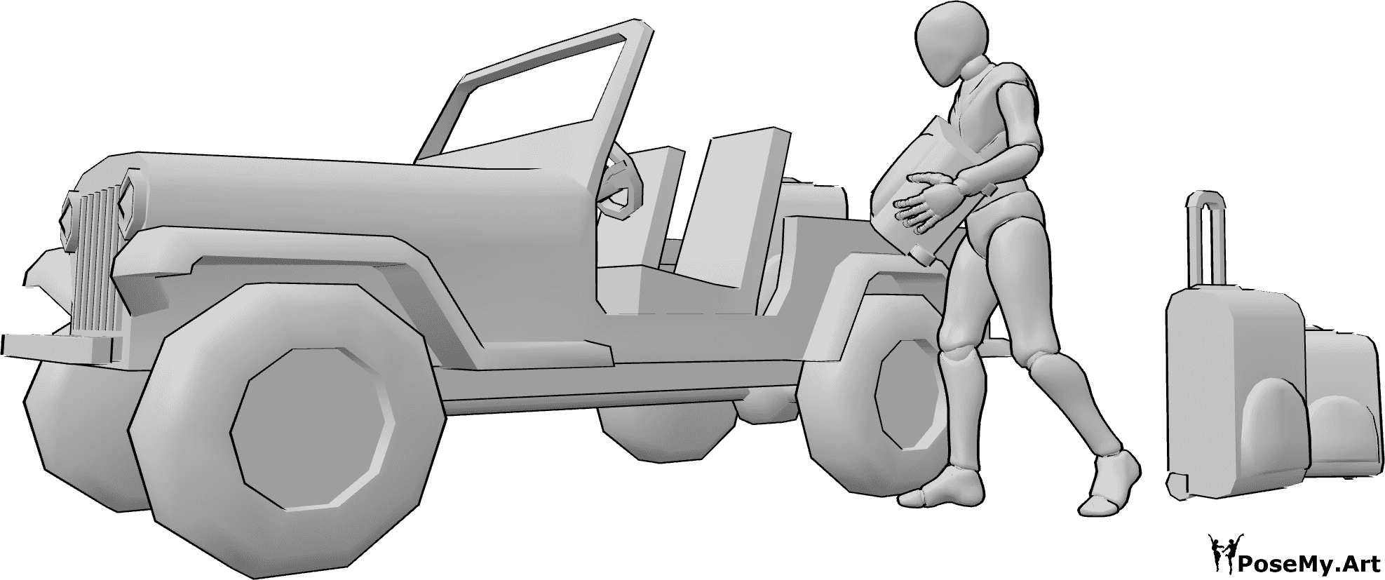 Referencia de poses- El coche cargando maletas posa - Varón está cargando maletas en el coche, Jeep dibujo de referencia