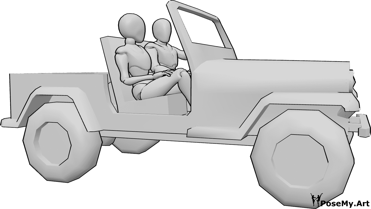 Pose Reference- Couple car driving pose - Female and male are sitting in the car, male is driving, Jeep driving pose