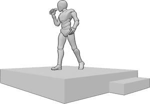 Pose Reference- Male singer stage walk pose - Male is stepping forward on stage while singing, holding the microphone in his right hand